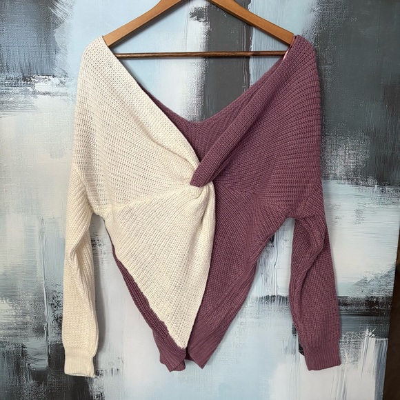 Love Tree Small Off Shoulder Purple Cream Colorblock Knit Sweater - Picture 1 of 9